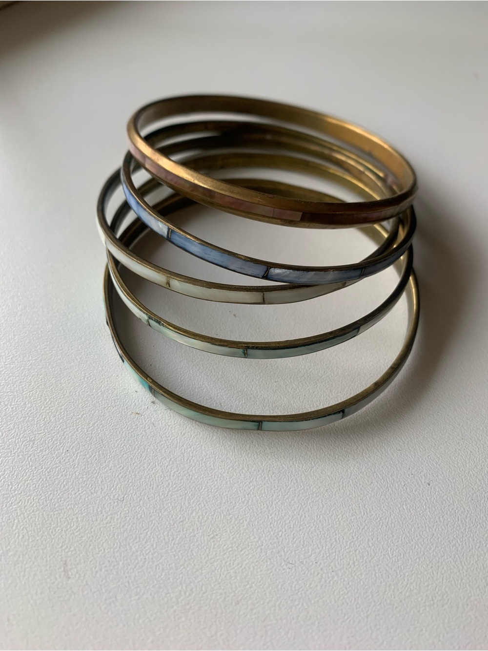 Vintage Mother of Pearl Shell Inlay Brass Bangle Bracelet Set of 5